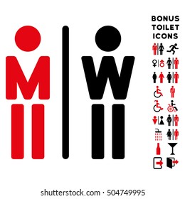 WC Persons icon and bonus man and female lavatory symbols. Vector illustration style is flat iconic bicolor symbols, intensive red and black colors, white background.