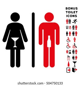 WC Persons icon and bonus man and woman restroom symbols. Vector illustration style is flat iconic bicolor symbols, intensive red and black colors, white background.