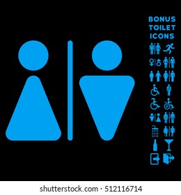 WC Persons icon and bonus man and female lavatory symbols. Vector illustration style is flat iconic symbols, blue color, black background.