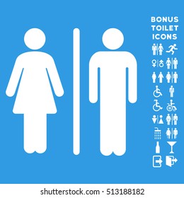 WC Persons icon and bonus man and lady restroom symbols. Vector illustration style is flat iconic symbols, white color, blue background.