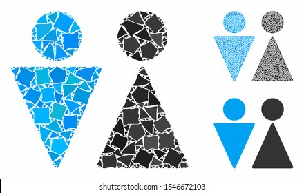 WC persons mosaic of humpy parts in variable sizes and color hues, based on WC persons icon. Vector humpy parts are united into collage. WC persons icons collage with dotted pattern.