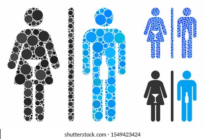 WC persons mosaic of round dots in various sizes and shades, based on WC persons icon. Vector round dots are combined into blue illustration. Dotted WC persons icon in usual and blue versions.