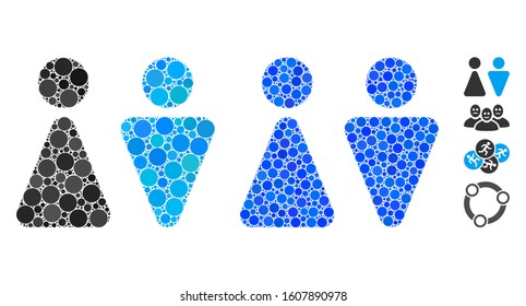 WC persons mosaic of round dots in variable sizes and color tones, based on WC persons icon. Vector round dots are organized into blue mosaic. Dotted WC persons icon in usual and blue versions.