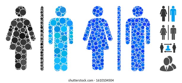 WC persons mosaic of small circles in various sizes and shades, based on WC persons icon. Vector small circles are grouped into blue illustration. Dotted WC persons icon in usual and blue versions.