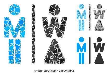 WC persons mosaic of trembly items in different sizes and color tints, based on WC persons icon. Vector irregular items are united into composition. WC persons icons collage with dotted pattern.