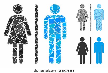 WC persons mosaic of tuberous elements in different sizes and color tones, based on WC persons icon. Vector inequal elements are organized into mosaic. WC persons icons collage with dotted pattern.