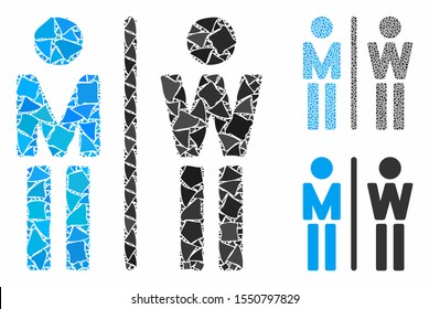 WC persons mosaic of tuberous items in various sizes and color hues, based on WC persons icon. Vector raggy items are combined into mosaic. WC persons icons collage with dotted pattern.