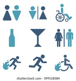 WC Persons vector icon set. Style is bicolor cyan and blue flat symbols isolated on a white background.