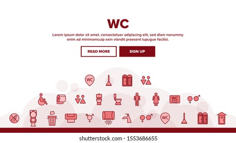 WC, Public Bathroom, Toilet Landing Web Page Header Banner Template Vector. Using General, Lavatory, Restroom Contour Design. Personal Hygiene Items. Male And Female, Disabled WC, Toilet Illustration
