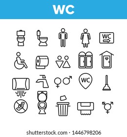 WC, Public Bathroom, Toilet Vector Linear Icons Set. Using General, Lavatory, Restroom Contour Design. Personal Hygiene Items. Male And Female, Disabled WC, Toilet Thin Line Illustration Pack