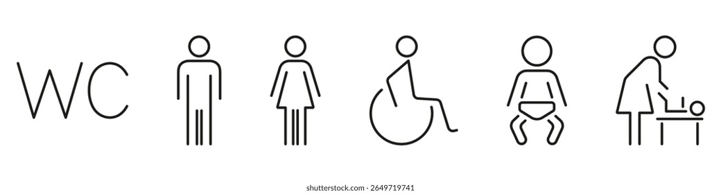 Wc E Conjunto De Ícones De Linha De Símbolos De Banheiro. Símbolo de banheiro inclusivo para homens, mulheres, deficientes, mudança de bebê e família instalações ícone de contorno. Orientação para banheiro público. Ilustração de vetor isolada.