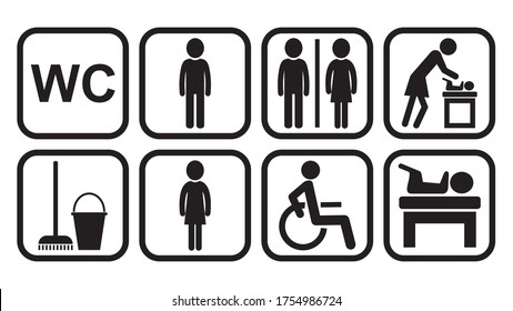 wc restroom toilet , breastfeeding room,baby changing room, black vector icons at frame