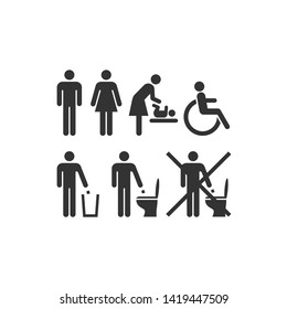 Wc or restroom universal sign set. Ladies, men, disabled, diaper changing toilet vector symbols. Black glyph icons.