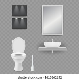 WC room. Realistic toilet, sink and mirror isolated on transparent background. Vector elements restroom and bathroom