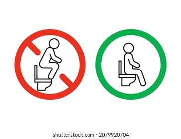 WC rules sit on seat toilet but not stand, warning sign. Right and wrong behavior. Signs allowed and prohibited to sit toilet. Correct sitting. Vector illustration