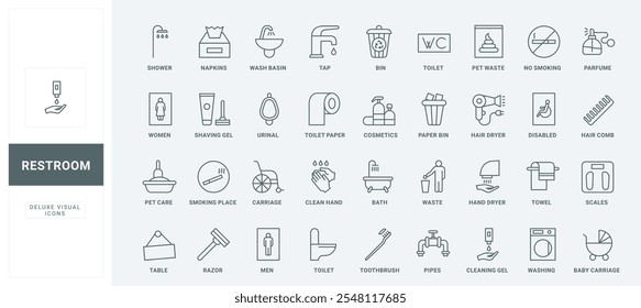 WC and shower pictogram, restroom wayfinding, cleaning tool thin black outline symbols vector illustration. Toilet and bathroom, sanitary equipment and detergents, cosmetics line icons set.