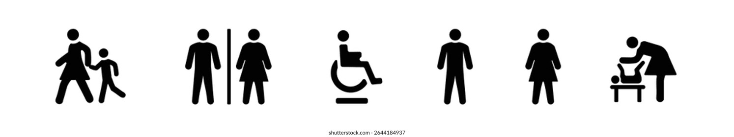 WC Sign collection. Toilet icon on white background. Black pictogram with toilet and bathroom. Toilet for men, women, children and special needs