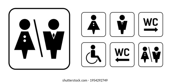 WC Sign Icon In Square. Set Washroom Vector Sign. Toilet And Restroom Symbol. Male, Female Symbol For Door. Black Silhouette Of Man And Woman.  Pictogram WC In Frame.