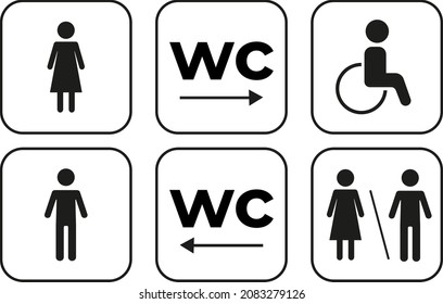 Icono de signo de WC en cuadrado. Establece el signo vectorial de lavabo. El símbolo del inodoro y del baño. Hombre, símbolo femenino para la puerta. Silueta negra de hombre y mujer. Cubierta pictograma en el marco.Placa de pared de la puerta del inodoro.