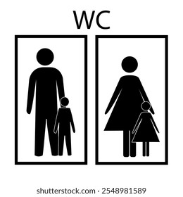 WC. Sign restroom women and men. Black silhouette men and women icon in white square. Icon public toilette and bathroom for hygiene. Template for poster, sign. Flat vector image. Vector illustration.