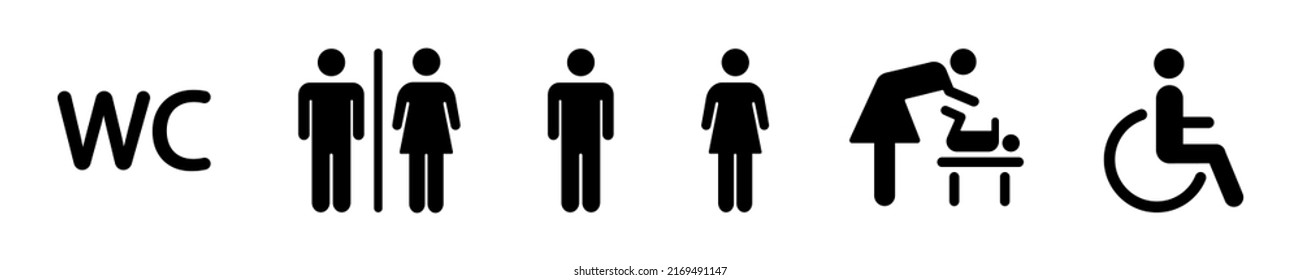 WC sign. Toilet icons vector on white background. Black pictogram with restroom and bathroom. Toilet for male, female, Vector silhouette set.