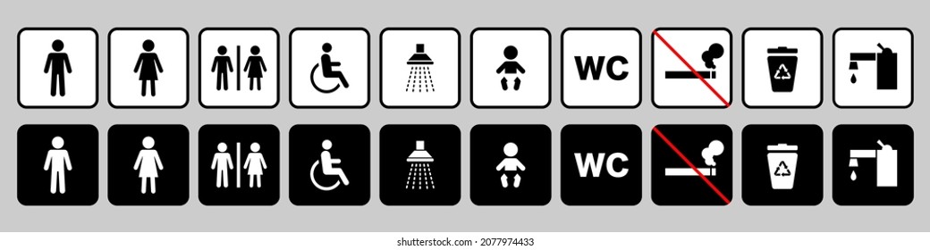 WC signs collection. Vector public restroom icons isolated on grey background.