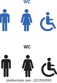 WC Signs with Female, Male and Disability Rest Rooms Signs in Colored and Monochromatic colors suitable for many uses, Vector Design