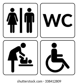WC signs set. Man, woman, mother with baby and handicapped silhouettes isolated on white background. Male and female toilet door icons. Lady and gentleman restroom symbol. Cast logo concepts. Vector