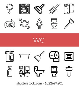 ajuste de iconos simples de wc. Contiene iconos como hembra, jabón, niños, fluido de género, émbolo, cepillo de inodoro, inodoro, papel higiénico, orina, lavabo, que se pueden usar para web, móvil y logotipo