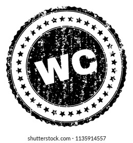 WC stamp seal watermark with distress style. Black vector rubber print of WC title with retro texture. Rubber seal imitation has circle shape and contains stars.