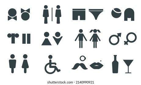 Wc symbols for man and woman, disabled person toilet icon. Male and female pictogram bathroom sign design with lips and mustaches vector set. Alcohol drink bottle and glass, underwear elements