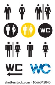 
WC symbols, toilet icon male adn female WC sign.
Set of black and colorfulicons for restroom on white background.Vector available. 