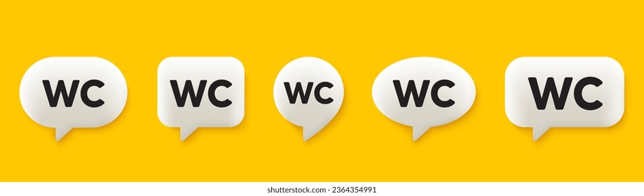 WC tag. 3d chat speech bubbles set. Restroom or toilet icon. Bathroom message. WC talk speech message. Talk box infographics. Vector