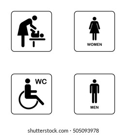 WC / Toilet door plate icon set. Men and women WC sign for restroom. Baby changing room. Wheelchair.