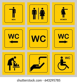 WC / Toilet door plate icons set. Men and women WC sign for restroom. Bathroom plate.