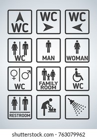 WC Toilet door plate icons set white on black. Men and women WC sign for restroom. Bathroom plate. Isolated on light background