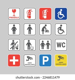 Wc, toilet and fire extinguisher colorful vector sticker and sign set. Public restroom, medical kit and parking stickers and signs.