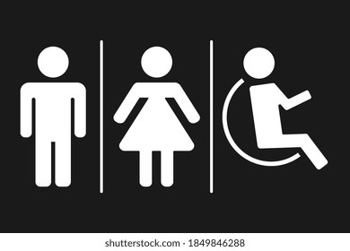 WC, inodoro, icono de vector plano. Hombres y mujeres firman para el baño. Aislado sobre fondo negro