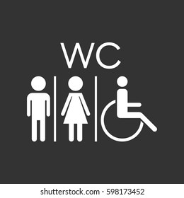 WC, toilet flat vector icon . Men and women sign for restroom on black background.