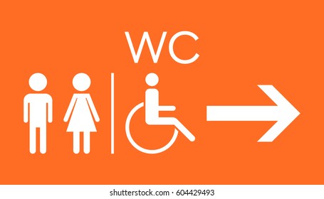 WC, toilet flat vector icon . Men and women sign for restroom on orange background.
