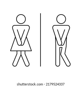 Wc toilet funny pictogram line sign. Woman, man pictogram figure toilet, restroom, washroom wc editable stroke icon. Humor, funny restroom door sticker. Vector illustration.