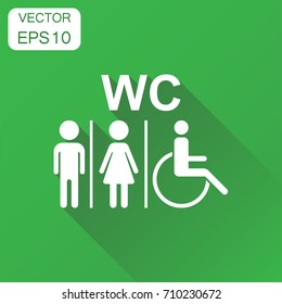 WC, toilet icon. Business concept men and women sign for restroom pictogram. Vector illustration on green background with long shadow.