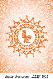 WC toilet icon inside abstract orange mosaic emblem with background