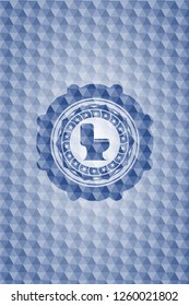 WC toilet icon inside blue emblem or badge with geometric pattern background.