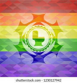 WC toilet icon inside emblem on mosaic background with the colors of the LGBT flag