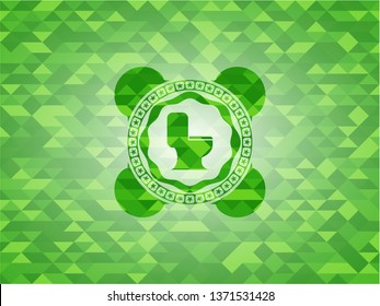 WC toilet icon inside green emblem with mosaic background