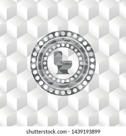 WC toilet icon inside grey emblem with geometric cube white background