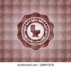 WC toilet icon inside red seamless geometric pattern emblem. Seamless.