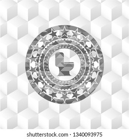 WC toilet icon inside retro style grey emblem with geometric cube white background