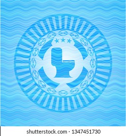 WC toilet icon inside water wave badge background.